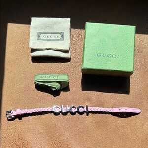 Gucci Pink Braided Leather Bracelet with Silver GUCCI Logo
